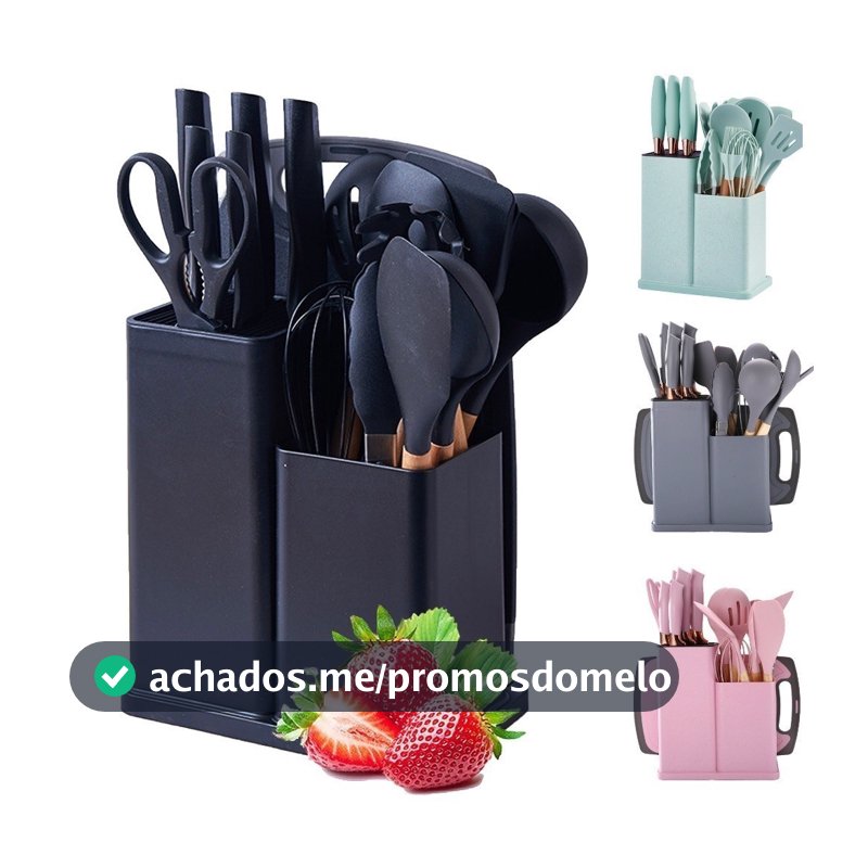 Kit Completo Jogo de Cozinha Luxo 19 Peças Com Tábua em Silicone Espátula Faca Tesoura Utensílios