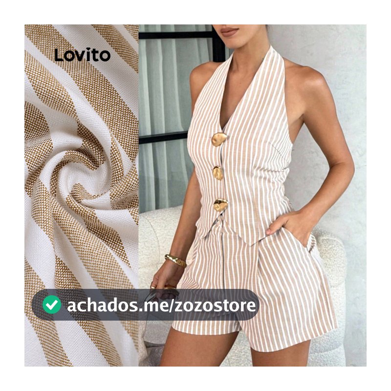 Conjunto Feminino Nacional Lovito Casual Blusa Calça Listrada Shorts Fivela Metálica Primavera/verão Marrom LBL30237