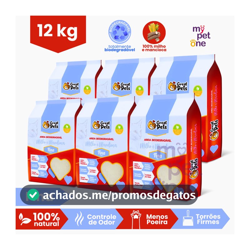 Kit 6 Areia Biodegradável Fina Great Pets - 2 Kg