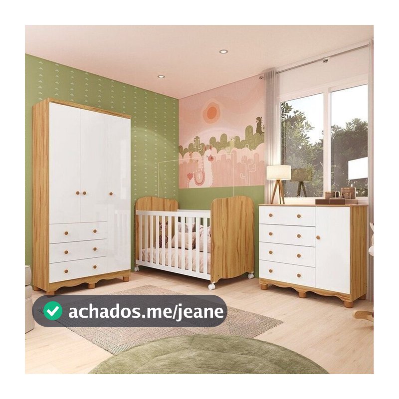 Quarto de Bebê Completo Berço, Cômoda e Guarda Roupa MDF Mimo Espresso Móveis Branco Brilho/Amêndoa Branco