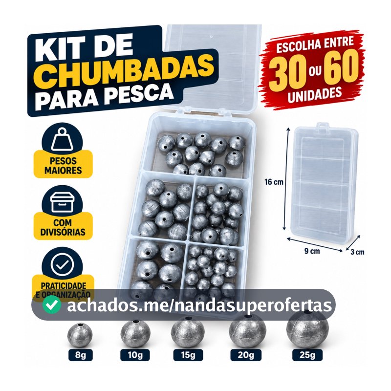 Kit de Pesca Chumbadas Bola Com Estojo Organizador Acessórios Pescaria Chumbada Redonda