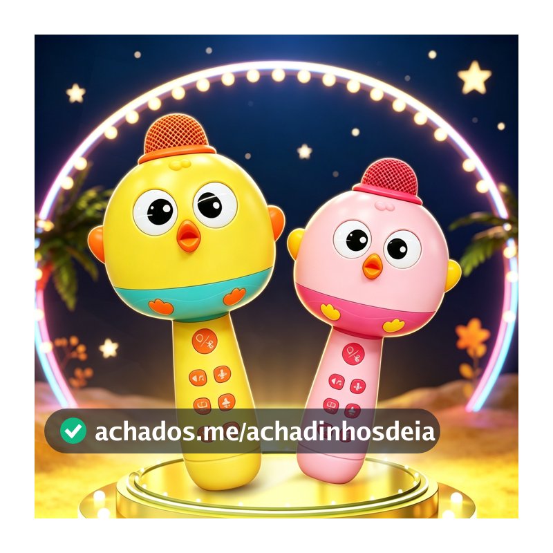 Microfone musical infantil com luzes LED e função karaokê, adequado para crianças de 4 a 6 anos.
