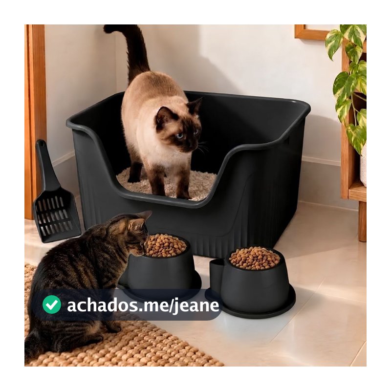 KIT CAIXA DE AREIA GIGANTE GRANDE ALTA CAMINHA TOALETE GATO ANTIODOR SANITARIO ABERTA FURBA COMEDOURO PA HIGIENICA