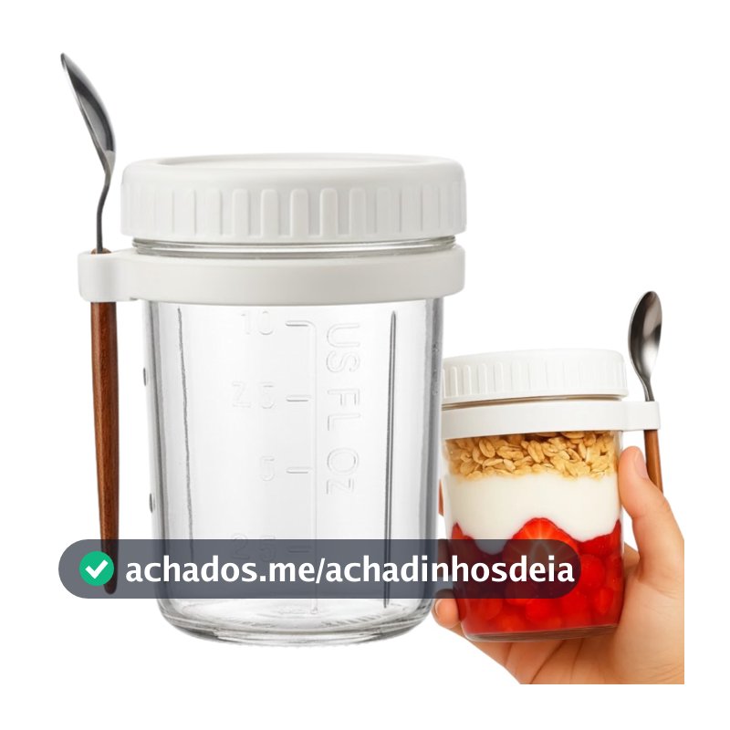 Copo De Vidro 350ml Tampa E Colher Iogurte Frutas Saudável Fitness Hermético