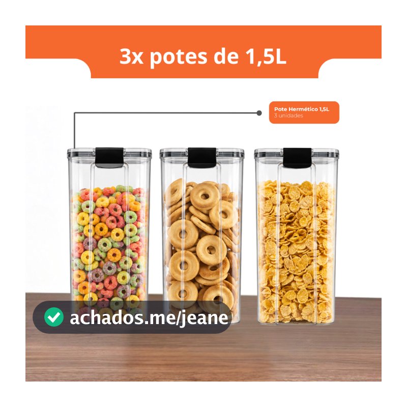 Monte Seu Kit 3 unidades de Potes Herméticos em Acrílico Cristal com Trava Empilhável