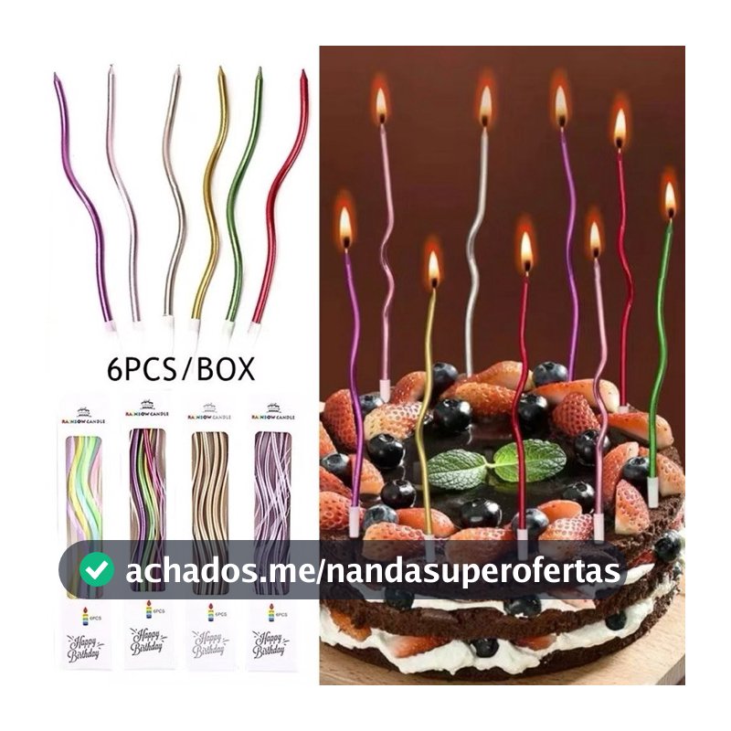 Kit 6 Velas Curvas de Parafina para Aniversário Decoração de Bolo