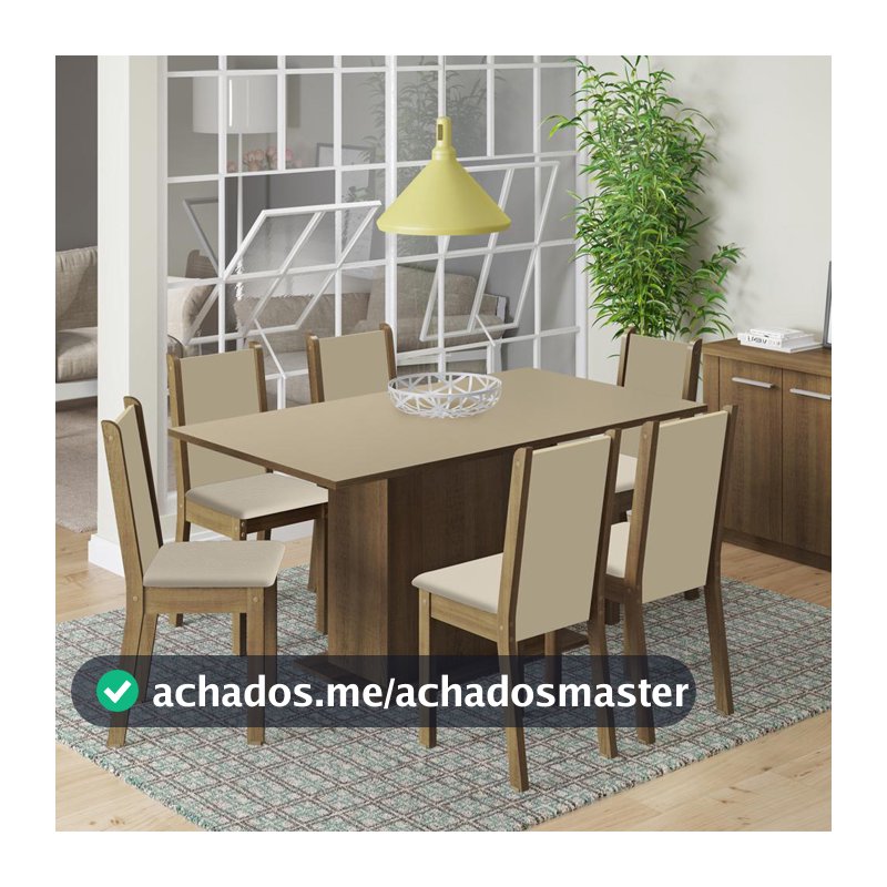 Conjunto Sala de Jantar Madesa Ohana Mesa Tampo de Madeira com 6 Cadeiras - Rustic/Crema/Pérola