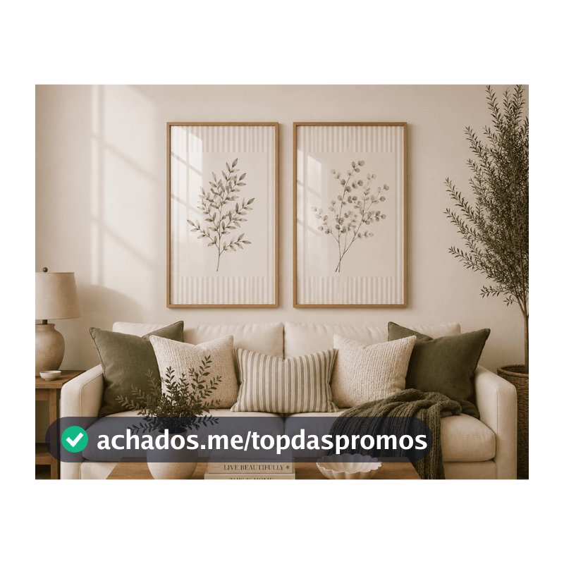 Kit 2 Quadros Decorativos Galhos Botânicos Delicados Verde Oliva Listras Beige Minimalista Para Sala Quarto Varanda