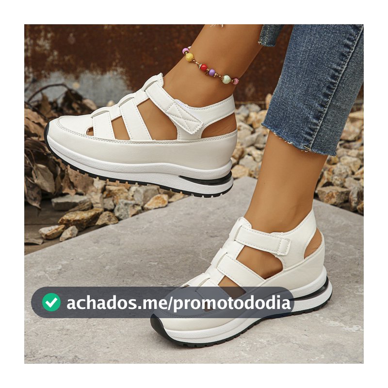 Inclinação De Verão Com Sandálias Pacote Respirável Cabeça Oca Tamanho Grande muffin Fundo Grosso Velcro Sapatos Feminin