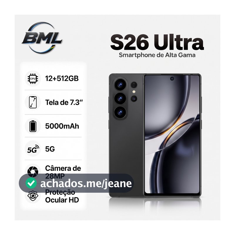 Celular Smartphone BML S26 Ultra 512GB 5G Tela 7,3" Câmera 108MP Preto