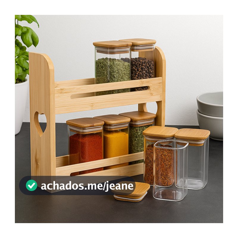 Porta Condimentos Bambu Rack Prateleira Organizador Temperos 2 Andares 8 Potes Vidro Tampa Bancada
