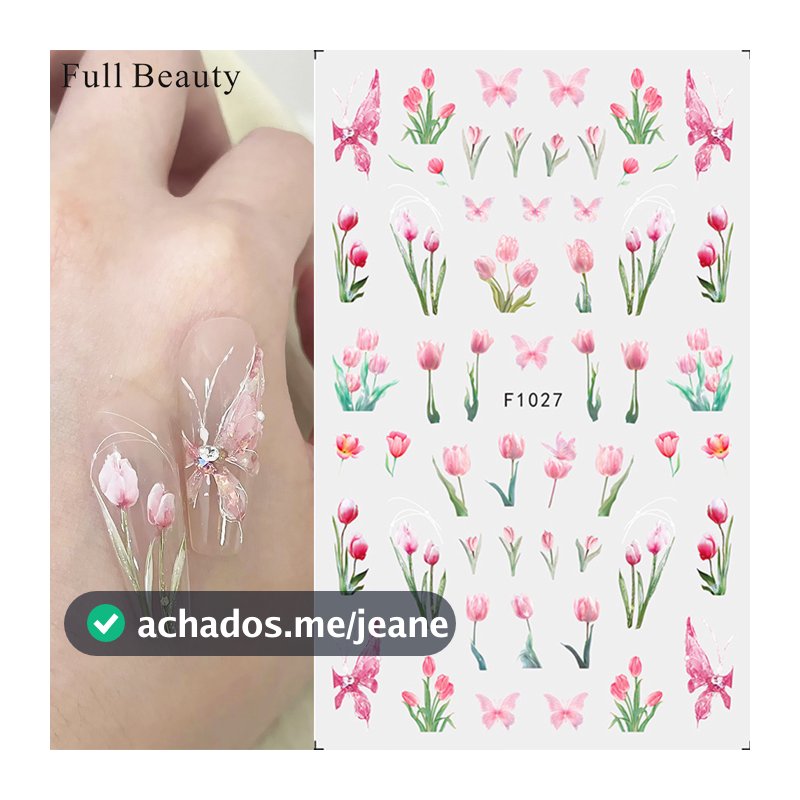 Tulip Flower Manicure Decalque Flor de Pêssego Decalque de Pêssego Butterfly Tinta de Feijão Vermelho Adesivo para unhas