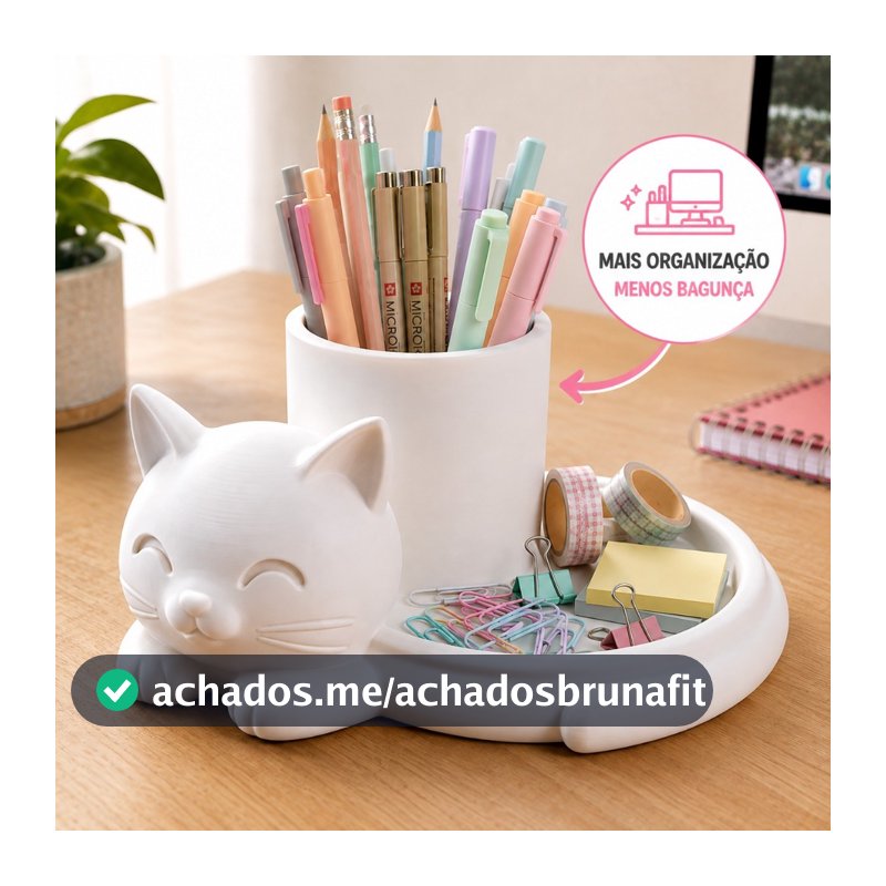 Organizador Gato Sorridente Porta Canetas Mesa Escritório Estudo Decoração Fofinha