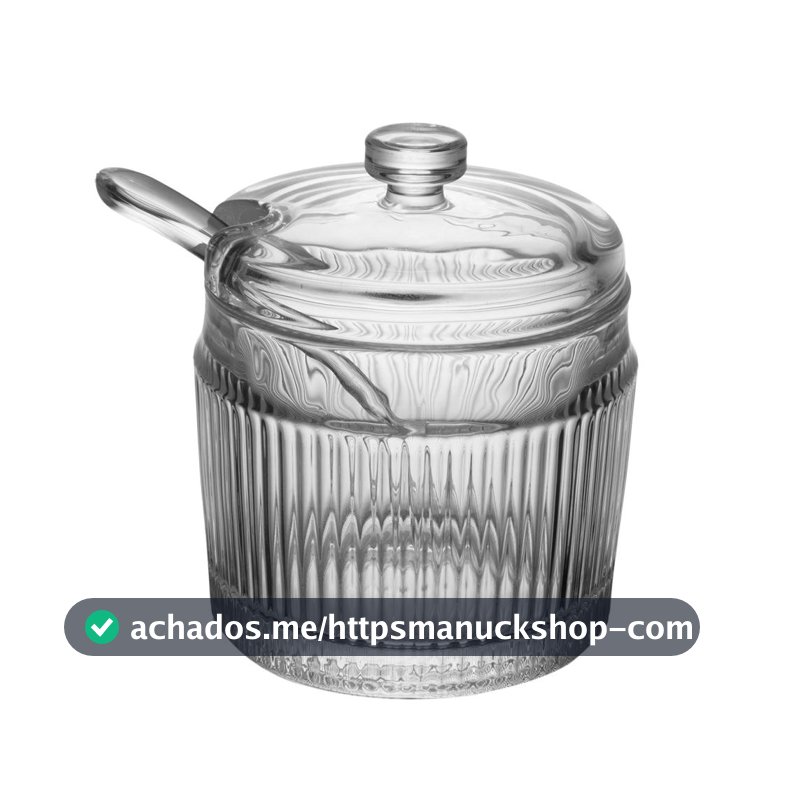 Açucareiro com Colher e Tampa Lines Wolff 10cm x 7.5cm Vidro para Cozinha Mesa Posta Decoração Sala Café Presente Chique