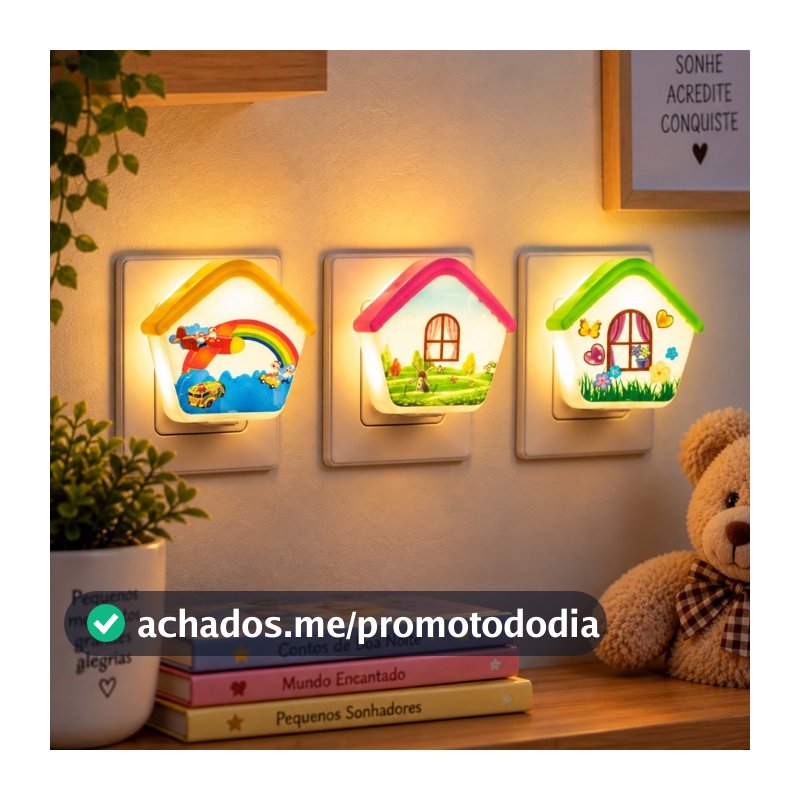 Luminária de Tomada Formato Casa Rosa Amarela ou Verde Luz Noturna Decorativa para Quarto Infantil Corredor Sala