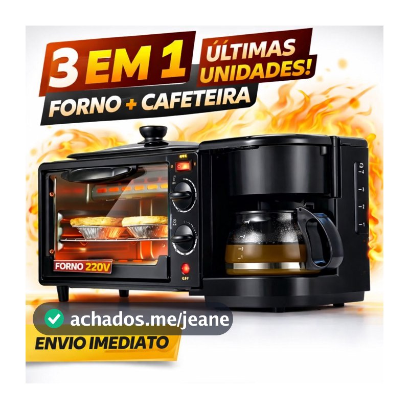 Forno Elétrico 3 em 1 110V + Cafeteira + Grill | Multifuncional Café da Manhã Compacto Rápido e Prático