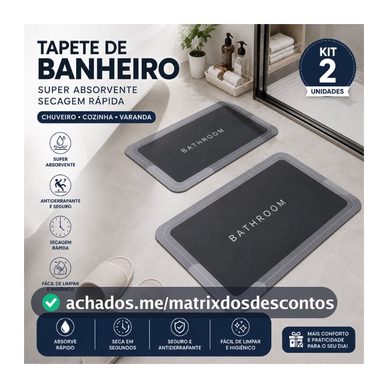 Kit 2 Tapete Banheiro Secagem Rápida Antiderrapante Super Absorvente