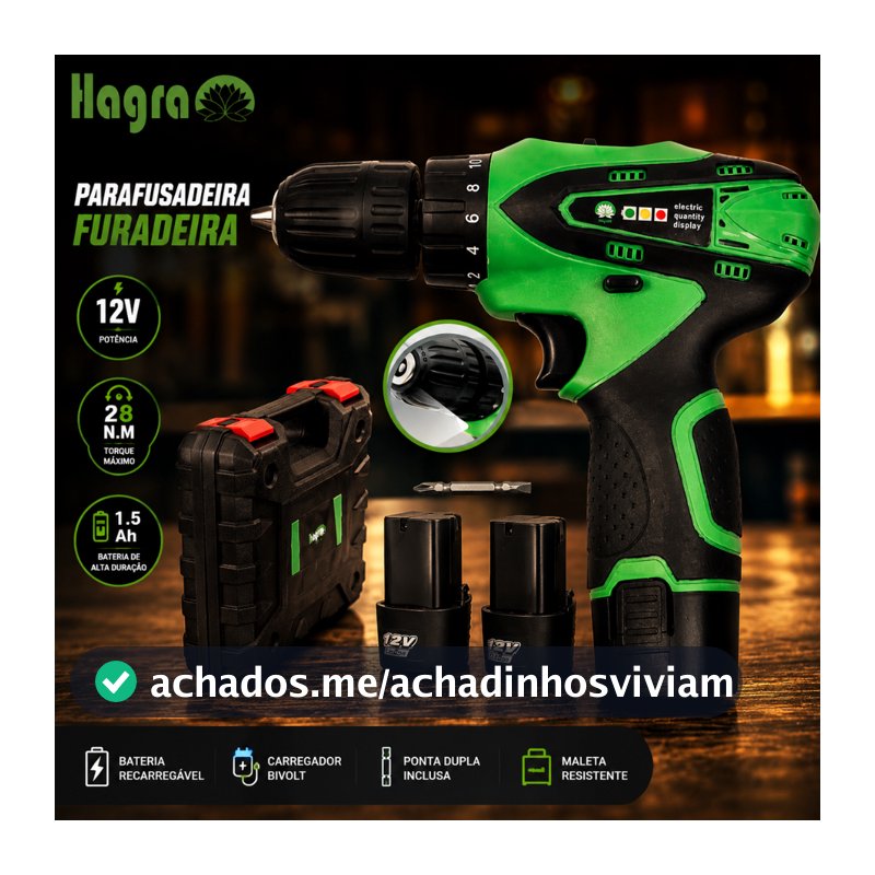 Parafusadeira Furadeira 12V 2 Baterias Sem Fio Com Maleta Bivolt 110V/220V 2 Velocidades