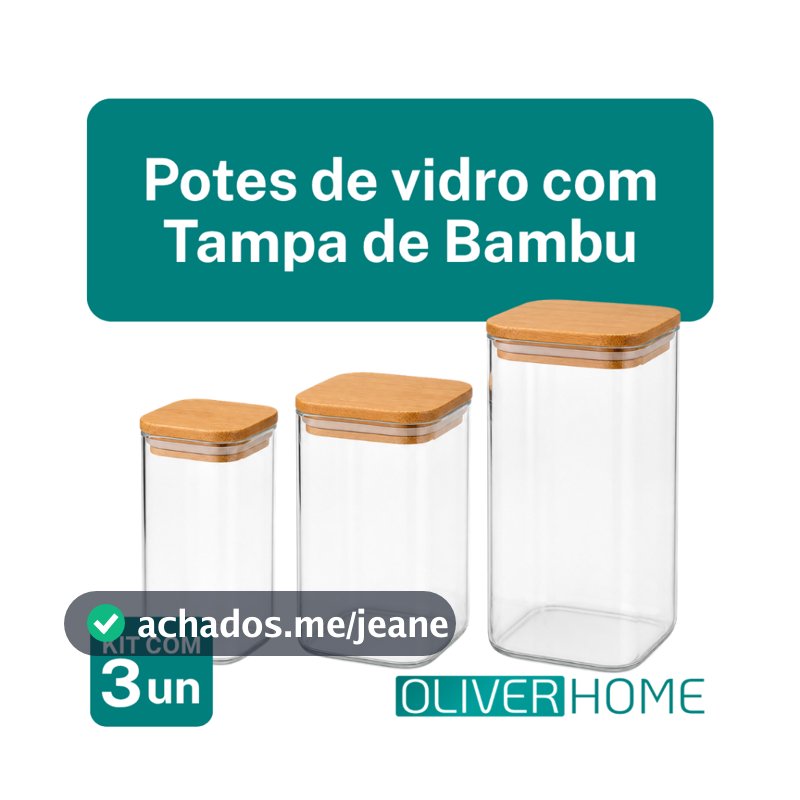 Kit 3 Potes Hermético 700/1100/1500ml De Mantimentos Quadrado Com Tampa Bambu