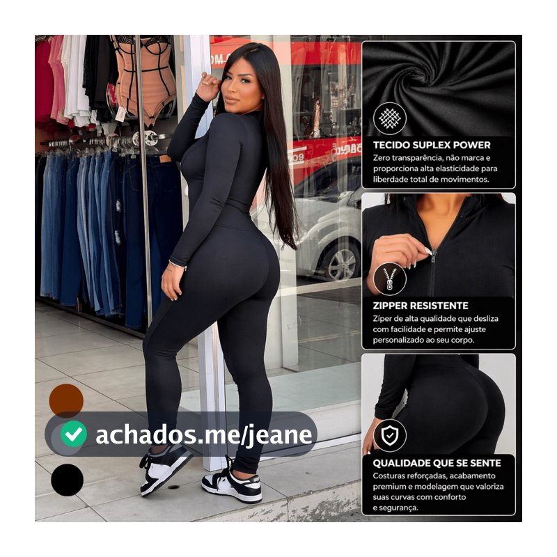 Macacão Gringa Feminino Longo Com Ziper Moda Balada Manga Longa Virginia Suplex Gringo Academia