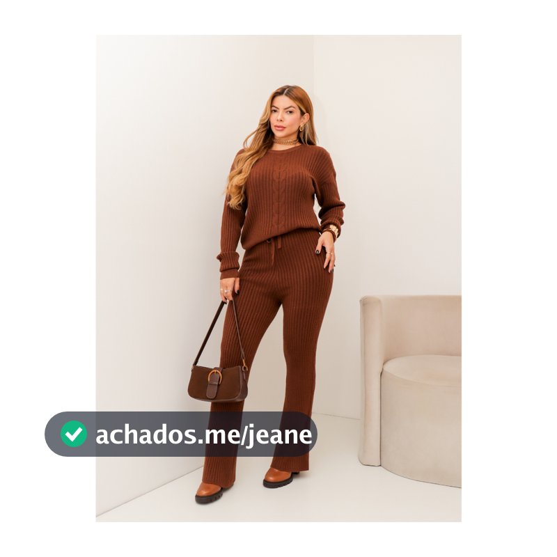 Conjunto Feminino Tricot Canelado Blusa Manga Longa Calça Flare Elegante Inverno 3RD SD3039