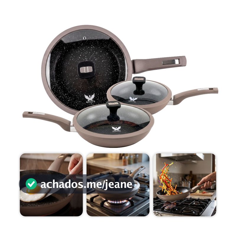 Conjunto Frigideira Antiaderente Cerâmica Com Tampa De Vidro Temperado Silicone Com 6 Peças 21/25/28cm Indução