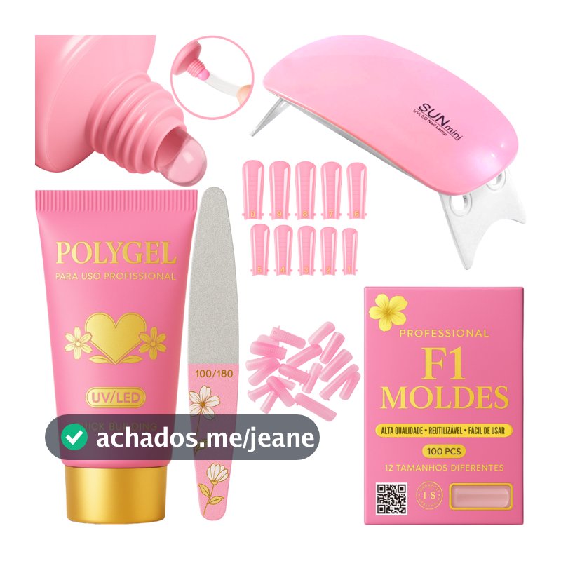 Kit Alongamento de Unhas Poligel Polygel + Molde F1 + Lixa + Mini Cabine De Unha Iniciante