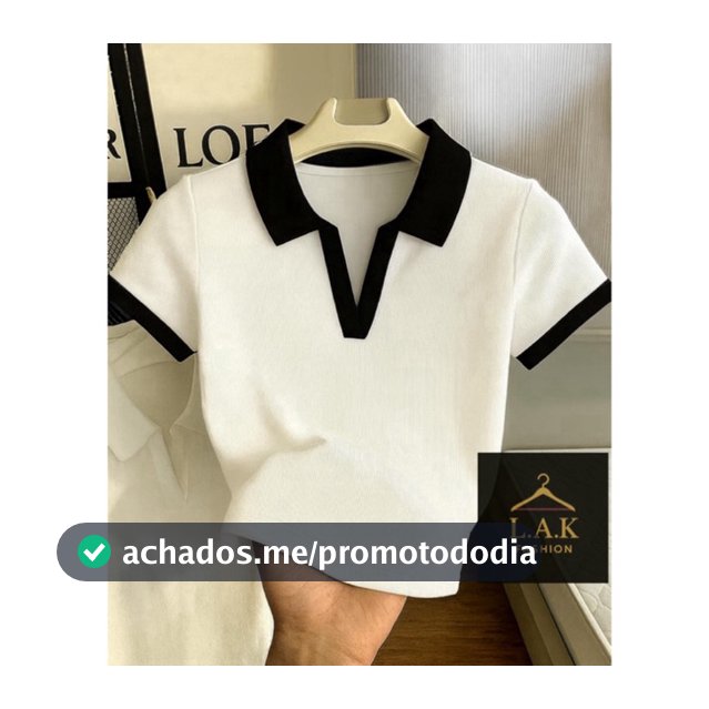 Camiseta Feminina Canelada Gola Polo Detalhe Bicolor Básica Manga Curta Ribana  Algodão Malhado