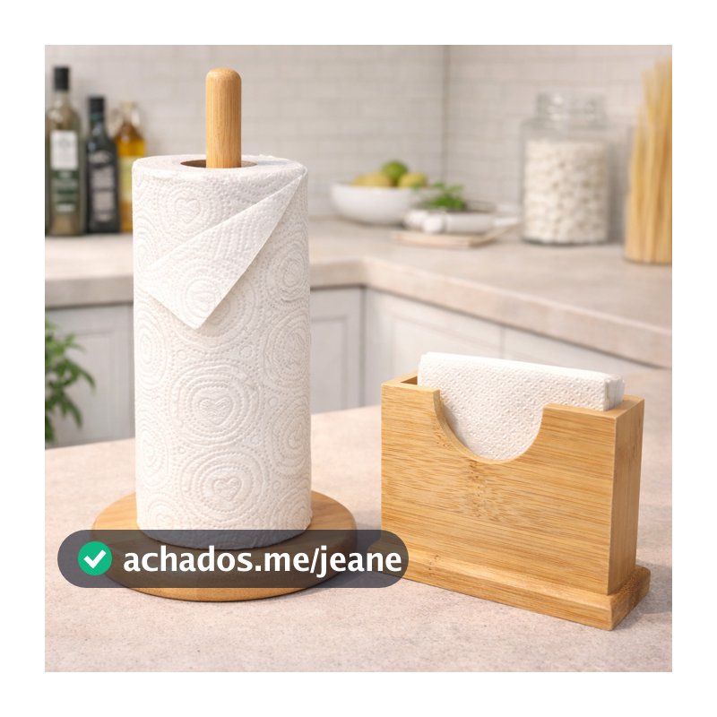 Kit Porta Papel Toalha Suporte bambu + Porta Guardanapo bambu Bancada