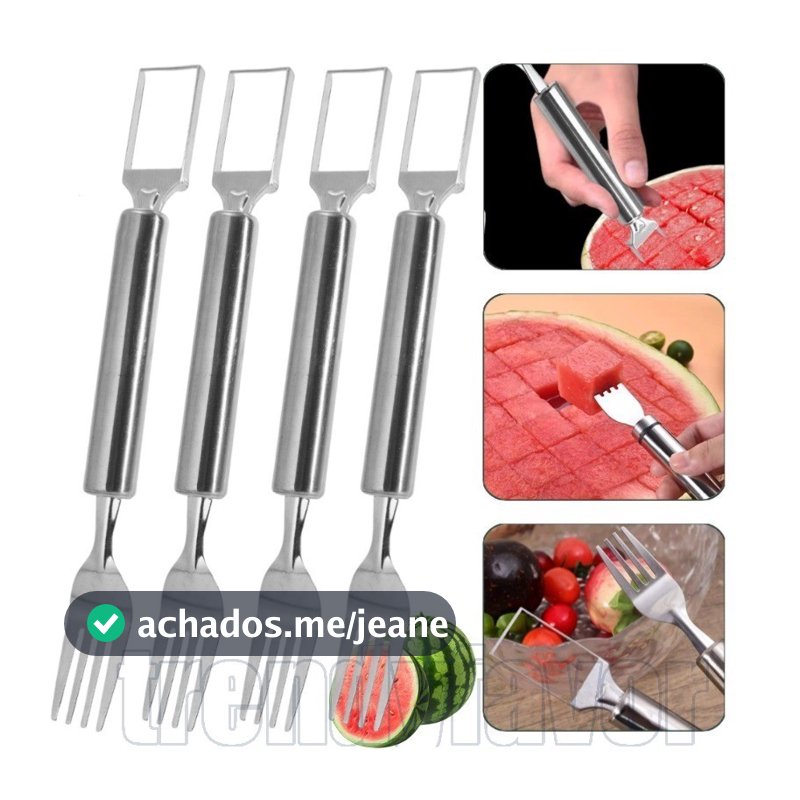 Garfo De Melancia 2 Em 1-Cortador De Frutas Aço Inoxidável Cubos De Melão-De Ponta Dupla-Artefato De Corte-Multiuso , Po