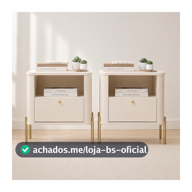 Kit 2 Mesas de Cabeceira Tucupí MDF 15 mm com Cantos Arredondados e Pés em Metal Off White Dourado