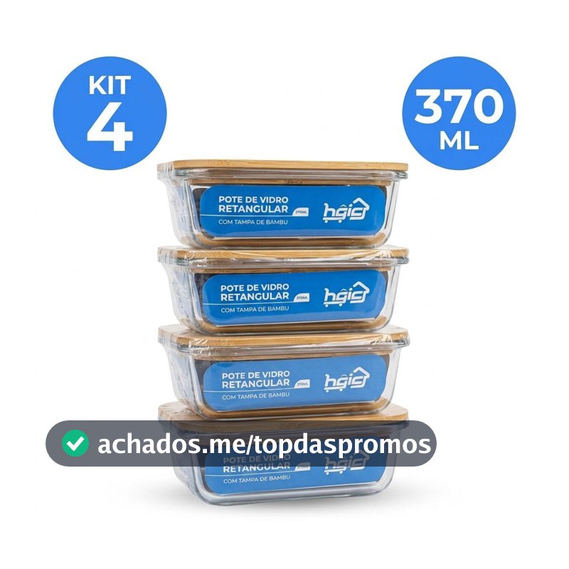 Kit 4 Potes de Vidro Herméticos 370ml Tampa de Bambu Retangular Marmita Forno Micro-ondas Freezer