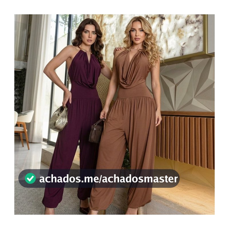 Macacão Feminino Argola Colar Elegante  Costa Nua Frente Única Caimento Solto Confortável Aladim