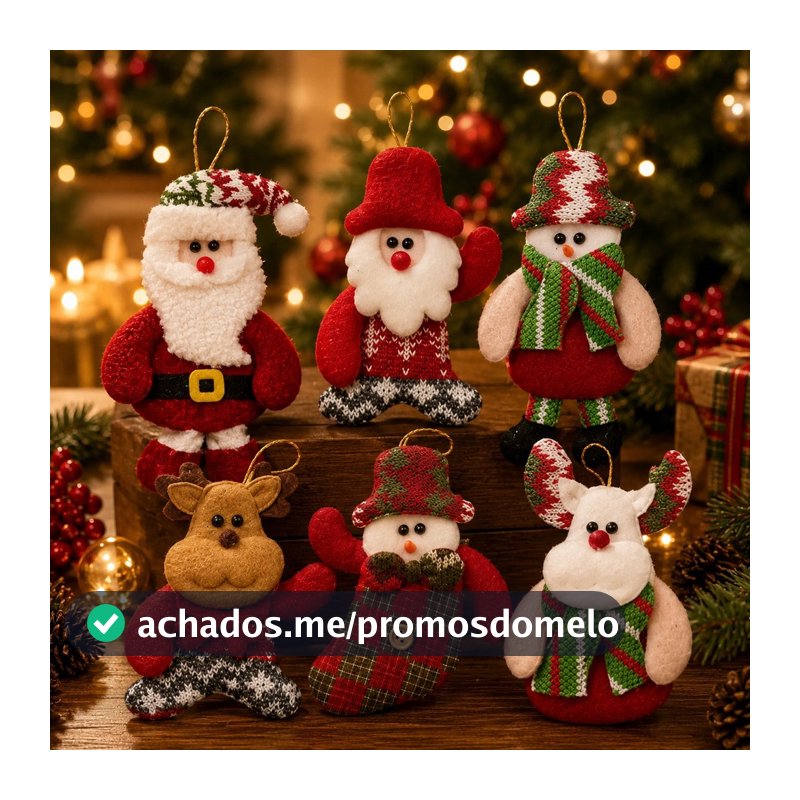Kit 6 12 18 Enfeites de Natal para Árvore Pendentes Papai Noel Rena Boneco de Neve Pelúcia Decoração Natalina