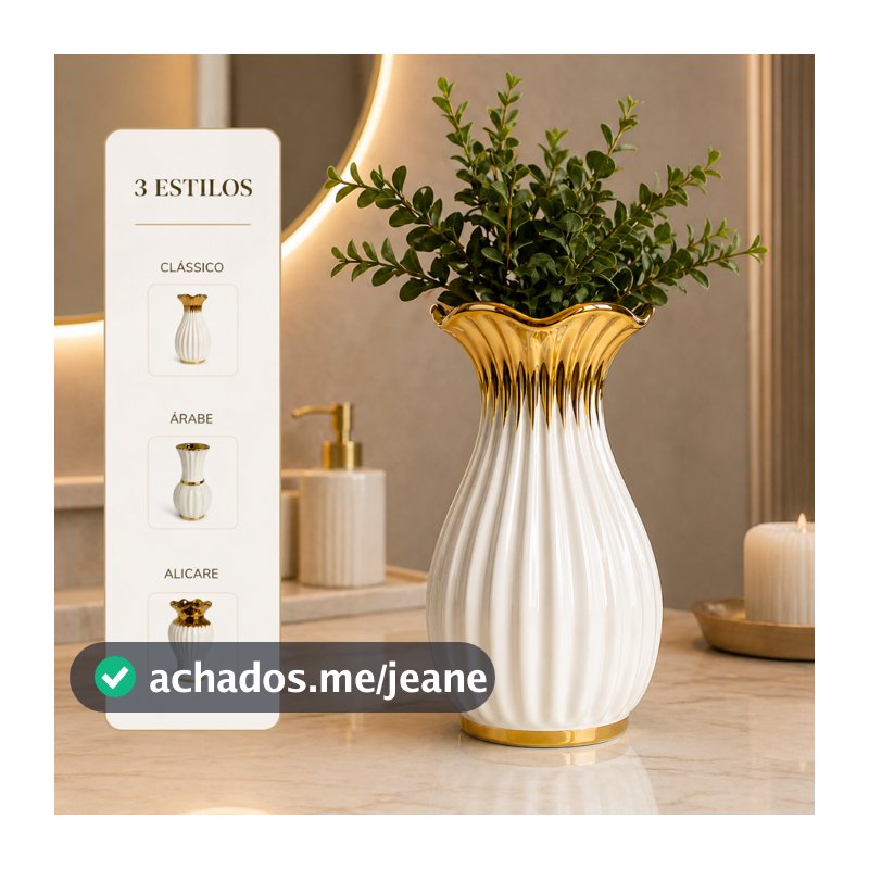 Vaso Decorativo em Cerâmica Branco com Detalhes Dourados