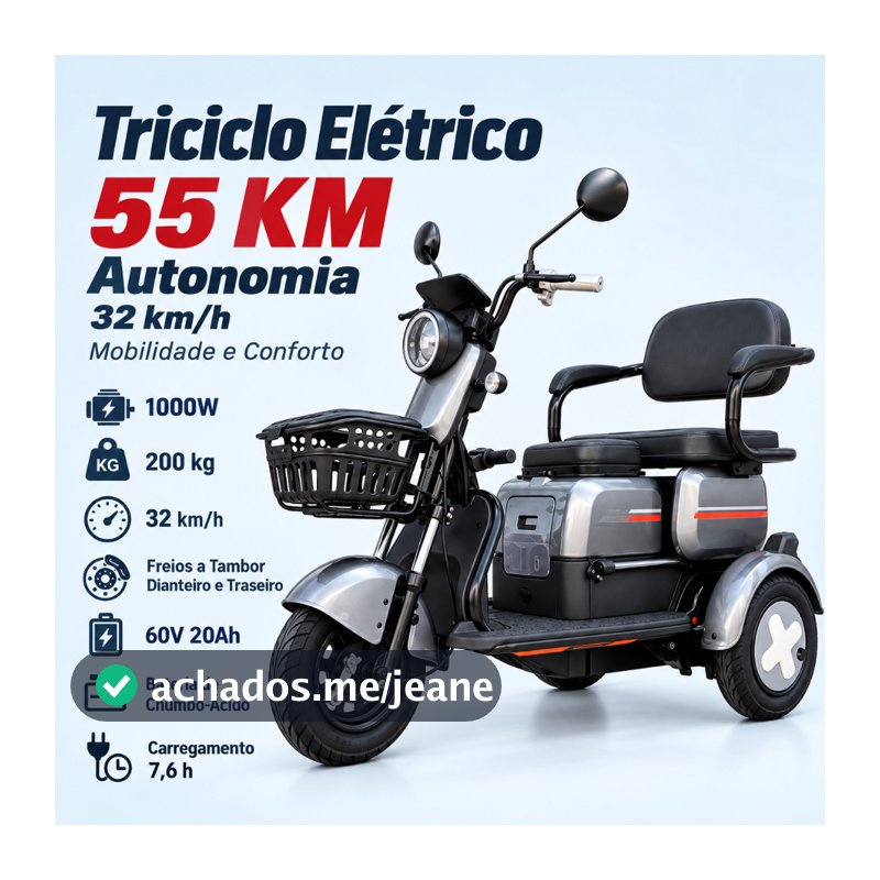 Triciclo Elétrico 60V 1000W Bateria 60V 20Ah Autonomia 50-55km Carga 200kg Freio Tambor Suspensão Hidráulica Adultos