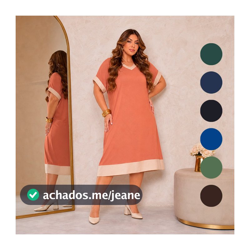 Vestido Sophia Feminino Midi Viscolycra Bicolor Decote V Plus Size Casual Moda Leve Confortável Verão