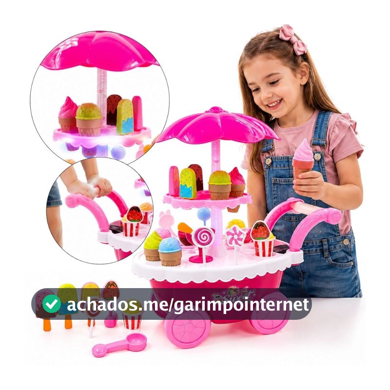 Carrinho de Sorvete Infantil Brinquedo Musical Luz Som Sorvete Picole Doces Sorveteria