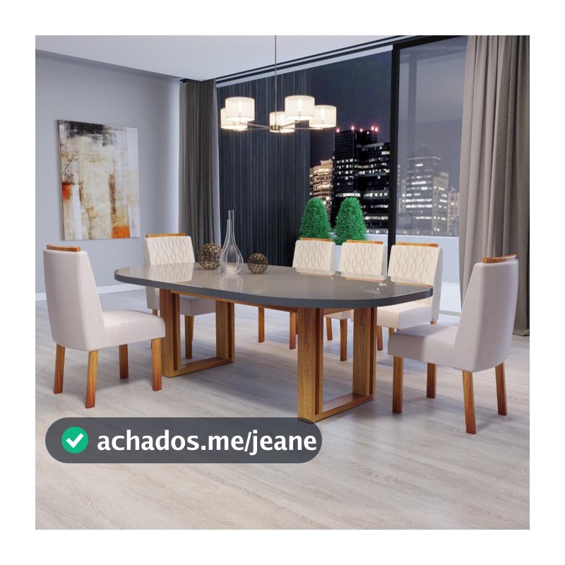 Sala de Jantar 196x90 Karen MDF/Vidro 6 Cadeiras Bom Pastor