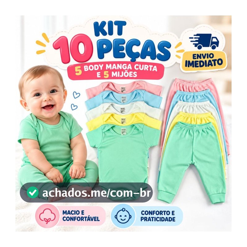 Kit 10 Peças - Conjunto BODY MANGA CURTA + Mijão Liso Infantil Bebê Menino e Menina