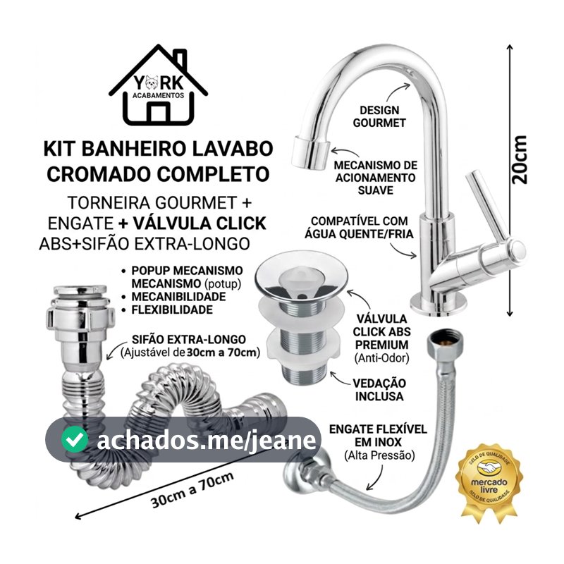 Kit P/ Pia Banheiro Lavabo Cromado Completo 1 Torneira 1 Valvula ABS 1 Sifão 1 Engate Inox 40cm