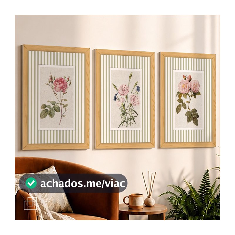 Kit 3 Quadros Decorativos Listrados Decoração Quarto Sala Flores Retrô Vintage Romatico