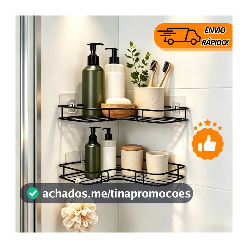 Kit 2 Prateleiras de Canto Sem Furo Porta Shampoo E Sabonete Banheiro Adesivo Reforçado