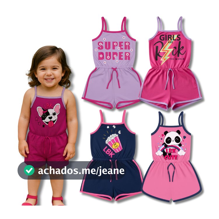 Kit 4 Macacão Menina Estampas Divertidas Coloridas Verão Infantil - Macaquinho Feminino Sortidas
