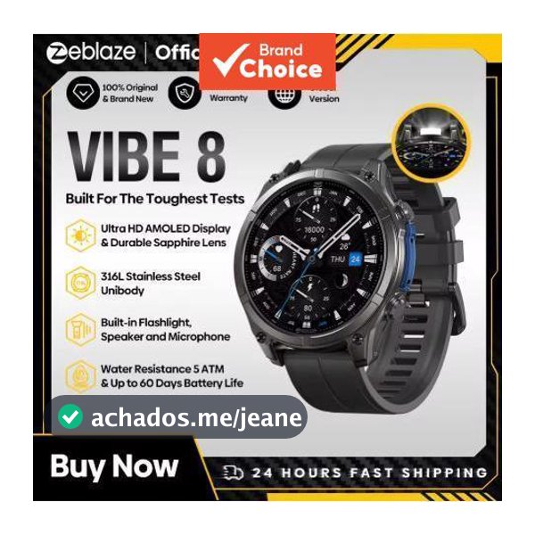 Zeblaze VIBE 8 - Smartwatch Masculino com Tela AMOLED 1.43, Monitor de Frequência Cardíaca, Pressão Arterial e Modos