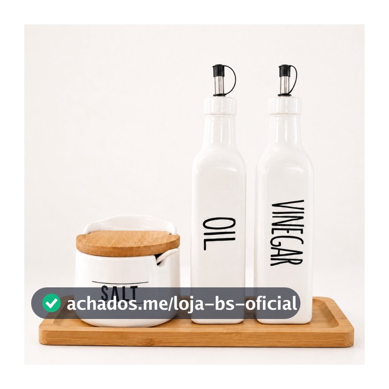 Kit Galheteiro Saleiro Vinagreiro Azeiteiro Suporte de Bambu Branco de Vidro Sal Azeite Vinagre Oleo