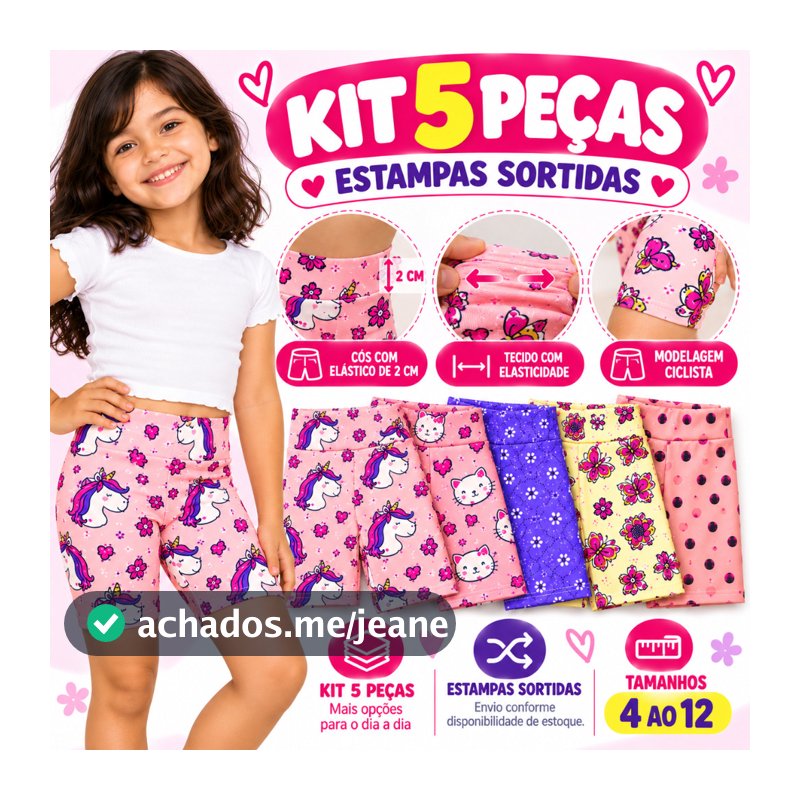 Kit 5 bermuda cotton infantil menina - short modelo ciclista