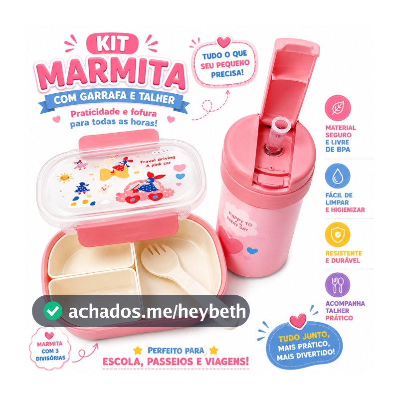 Kit Marmita Infantil com Copo 250ml Canudo e Cordinha Talher e 3 Divisórias Removíveis Escolar Fácil
