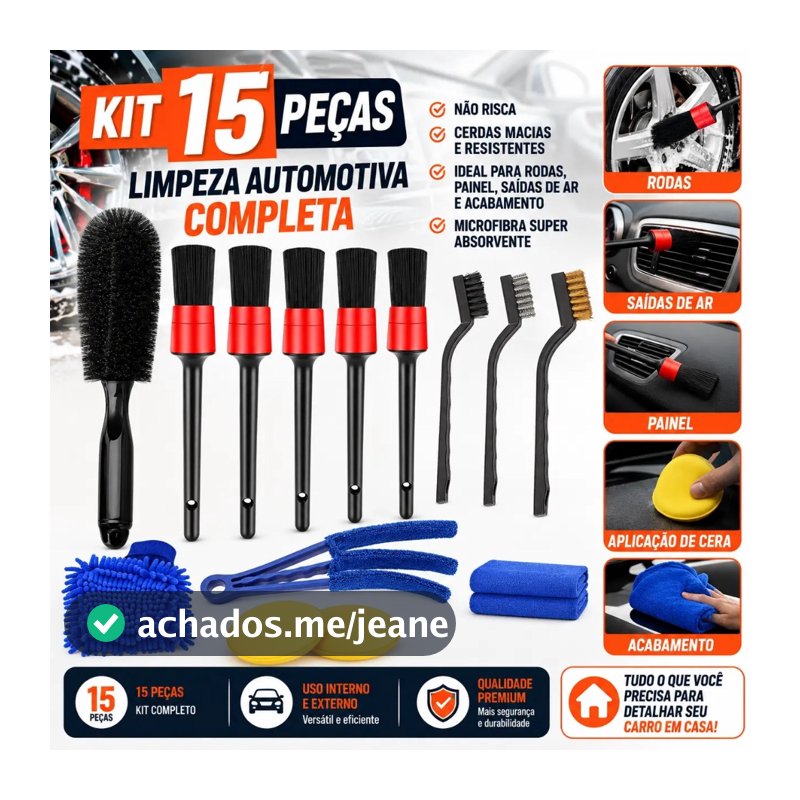 Kit 15 Peças Lavagem Automotiva Escovas+Luva Microfibra+Aplicador de Cera+Completo para Limpeza e Estética Automotiva