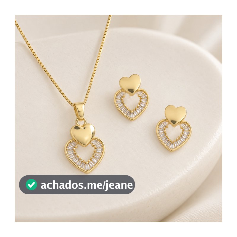 "Conjunto Feminino de Colar e Brincos de Coração Duplo com Pedras Brilhantes e Corrente Ajustável "